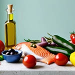 ** A vibrant, colorful spread of Mediterranean diet foods: fresh fruits, vegetables, fish, olive oil. Focus on the richness of color and the natural, healthy appearance of the food.

**