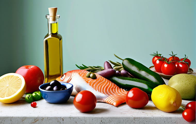 ** A vibrant, colorful spread of Mediterranean diet foods: fresh fruits, vegetables, fish, olive oil. Focus on the richness of color and the natural, healthy appearance of the food.

**