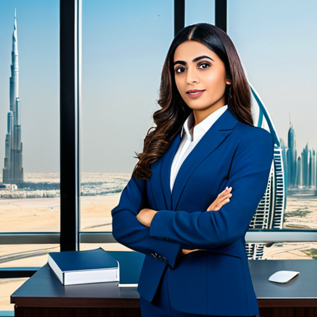 **Image:** A professional Arab businesswoman, fully clothed in a stylish and modest business suit, standing confidently in a modern office with the Dubai skyline in the background, safe for work, perfect anatomy, natural pose, professional lighting, appropriate content.