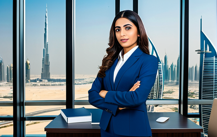 **Image:** A professional Arab businesswoman, fully clothed in a stylish and modest business suit, standing confidently in a modern office with the Dubai skyline in the background, safe for work, perfect anatomy, natural pose, professional lighting, appropriate content.