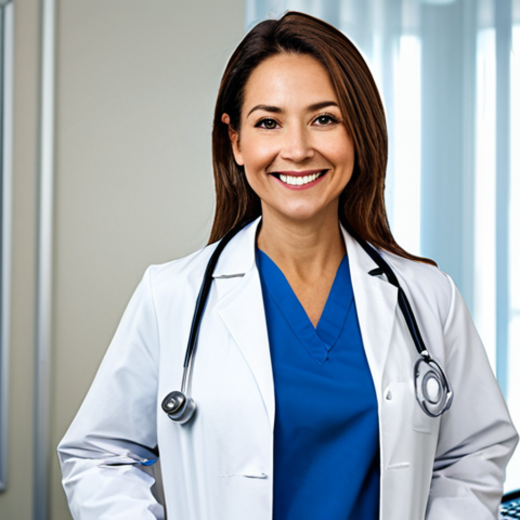 **Prompt:** A professional female doctor in a modern, well-lit hospital office, wearing a clean white coat and stethoscope, smiling warmly. Background includes medical charts and a computer screen displaying patient information. Fully clothed, appropriate attire, safe for work, perfect anatomy, natural proportions, family-friendly, professional photography.