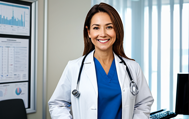 **Prompt:** A professional female doctor in a modern, well-lit hospital office, wearing a clean white coat and stethoscope, smiling warmly. Background includes medical charts and a computer screen displaying patient information. Fully clothed, appropriate attire, safe for work, perfect anatomy, natural proportions, family-friendly, professional photography.