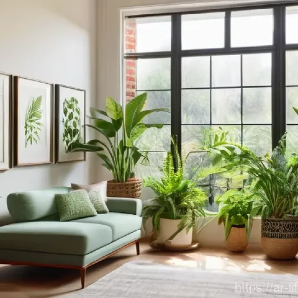 평균수명에 영향을 미치는 환경요인 - **Prompt:** A serene and inviting living room filled with lush, vibrant indoor plants. Sunlight stre...