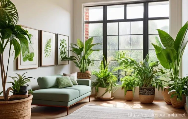 평균수명에 영향을 미치는 환경요인 - **Prompt:** A serene and inviting living room filled with lush, vibrant indoor plants. Sunlight stre...