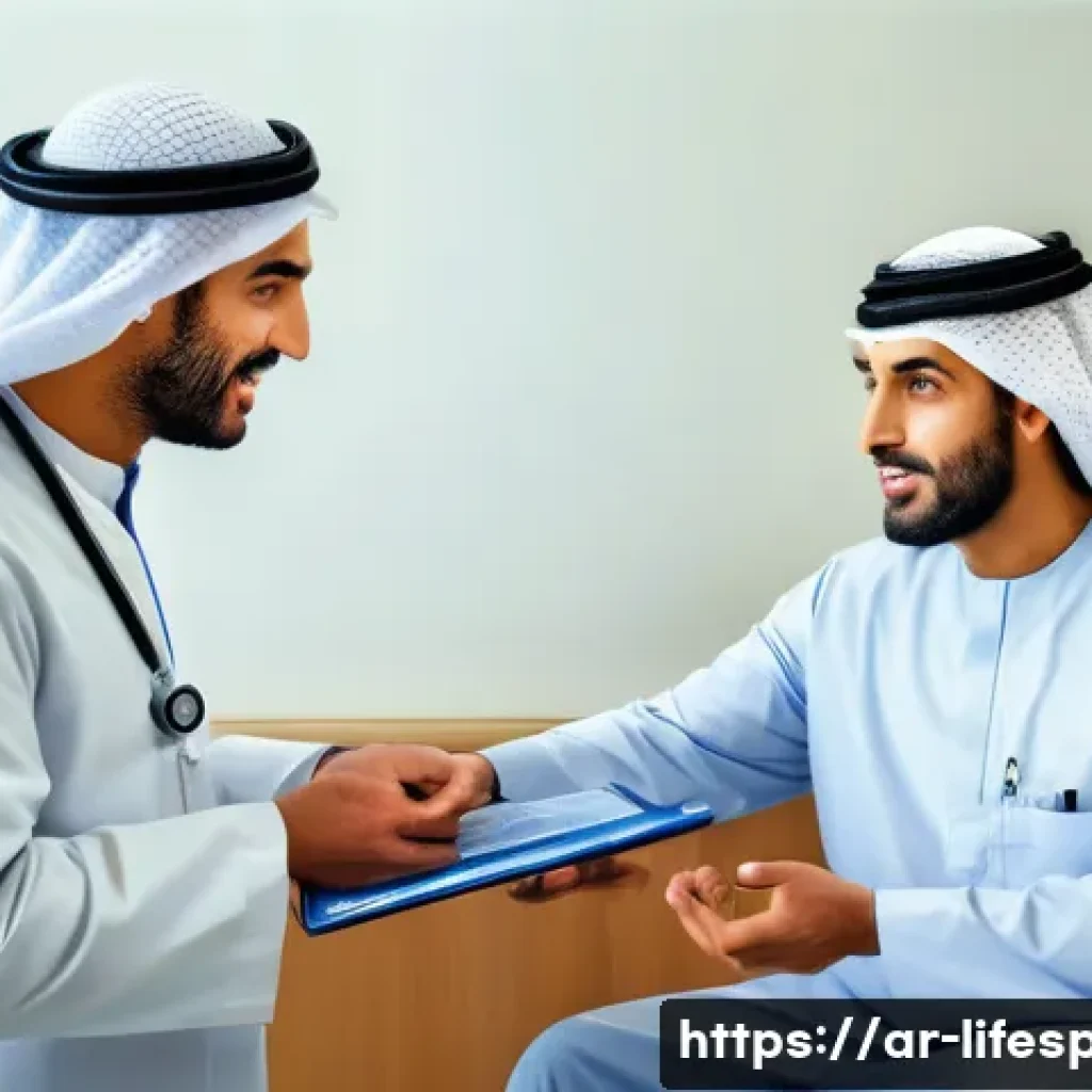 고혈압과 평균수명 - A detailed medical illustration of an Arab male doctor explaining the effects of high blood pressure...