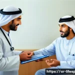 Home 19 고혈압과 평균수명 - A detailed medical illustration of an Arab male doctor explaining the effects of high blood pressure...