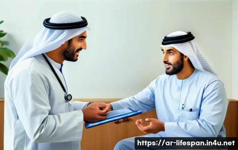 고혈압과 평균수명 - A detailed medical illustration of an Arab male doctor explaining the effects of high blood pressure...