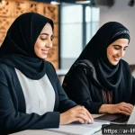 Home 18 미래 평균수명 - A diverse group of Arab professionals aged 50 to 65 engaged in a modern coworking space, wearing mod...