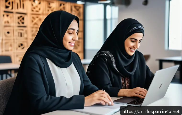 미래 평균수명 - A diverse group of Arab professionals aged 50 to 65 engaged in a modern coworking space, wearing mod...