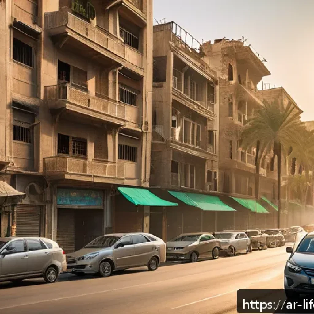 도시와 평균수명 - A detailed urban scene at sunset in a Middle Eastern city, showing busy streets with cars and constr...