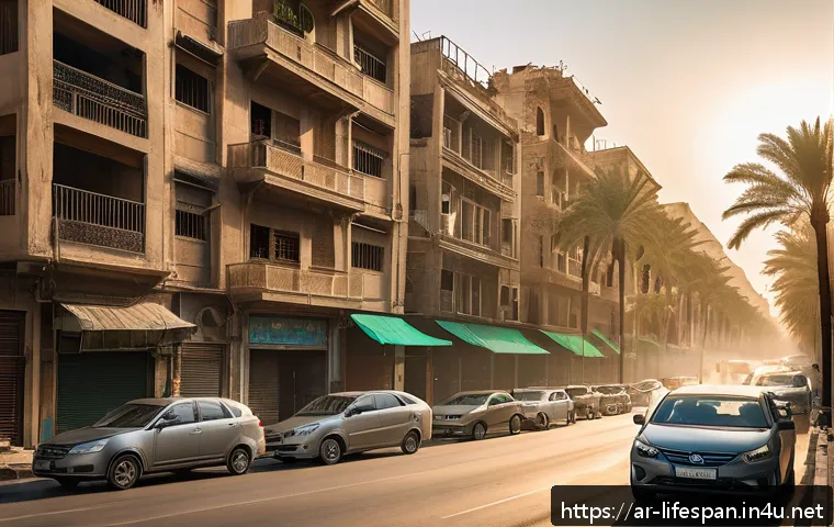 도시와 평균수명 - A detailed urban scene at sunset in a Middle Eastern city, showing busy streets with cars and constr...