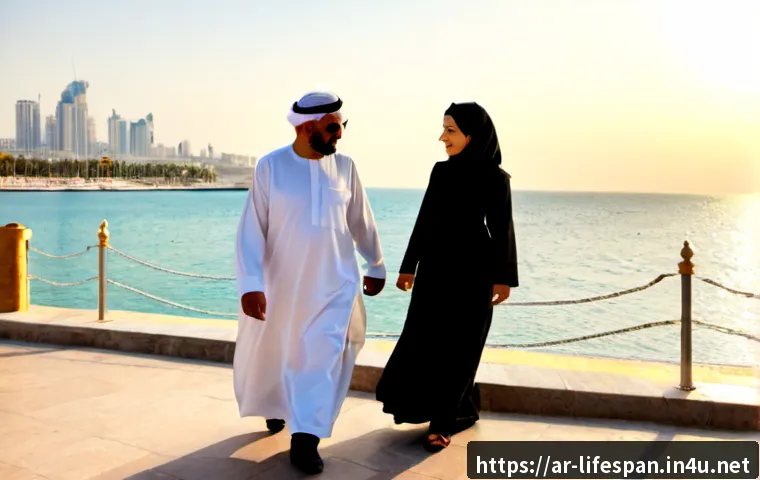 Home 17 평균수명 통계 - Photorealistic life expectancy statistics concept, three Arab generations walking together along a s...