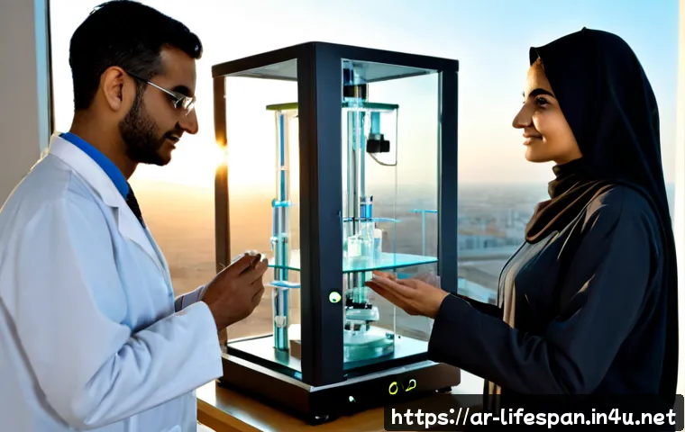 평균수명에 대한 미래 연구 - Photorealistic future longevity research laboratory in a modern Arab medical research center, divers...
